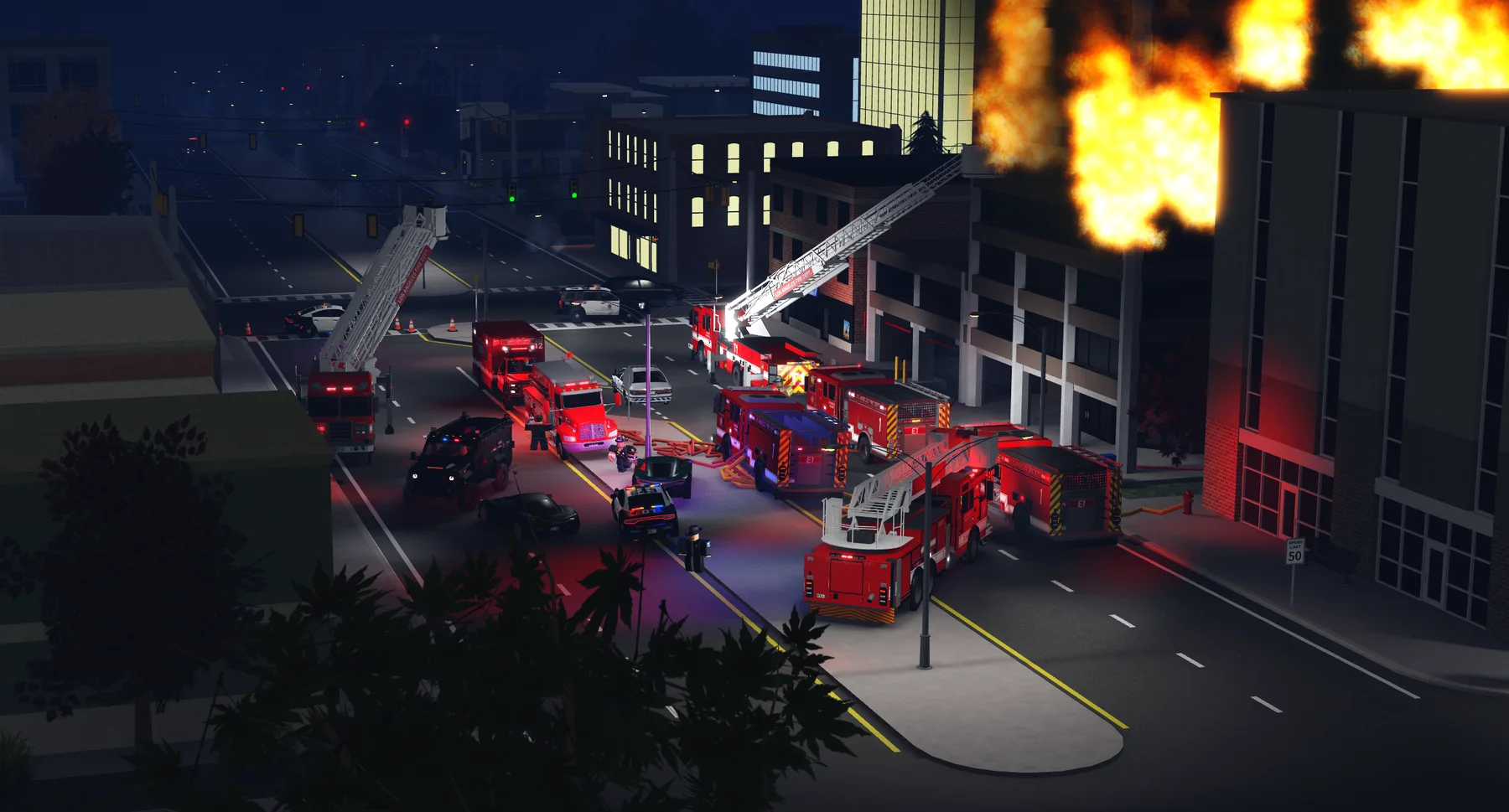 LAFD fire crews responding to a large city fire in ER:LC
